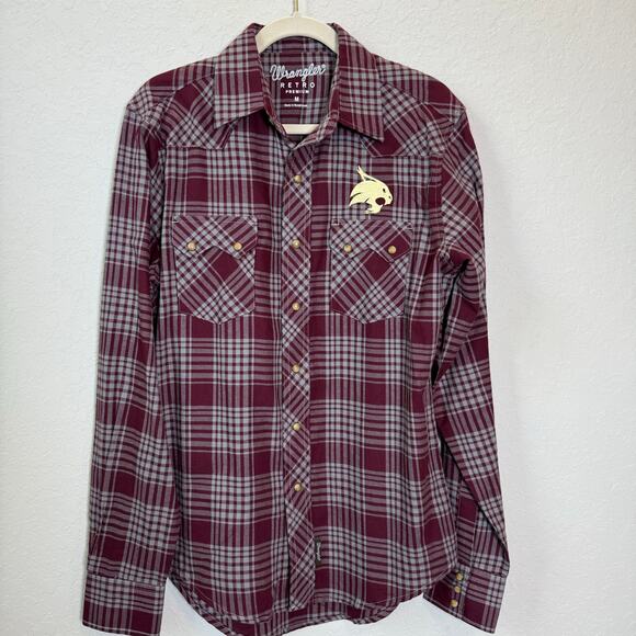 Men's Wrangler Retro Maroon Plaid Embroidered Bobcat Texas State Size M - Picture 2 of 8